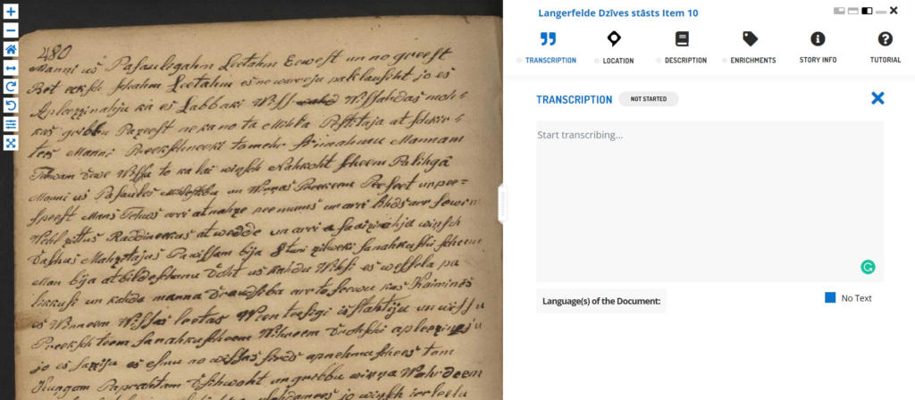 L'interfaccia di trascrizione del progetto Europeana Transcribathon. © Europeana Transcribathon